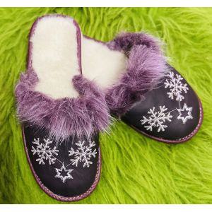 Домашні капці жіночі із шкіри та овечої шерсті, Сніжинка