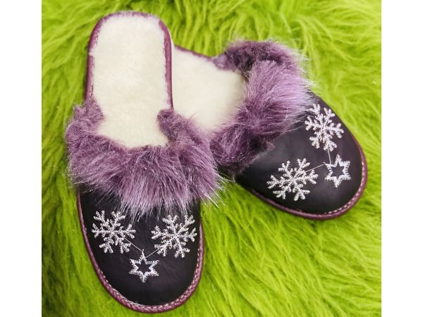 Домашні капці жіночі із шкіри та овечої шерсті, Сніжинка