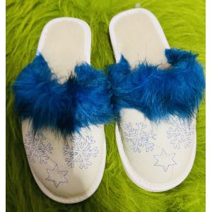 Домашні жіночі шкіряні капці з овечої шерсті, Сніжинка синє хутро