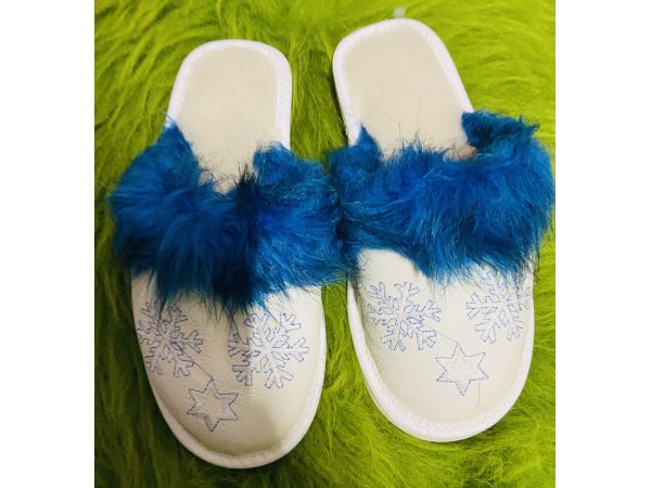 Домашні жіночі шкіряні капці з овечої шерсті, Сніжинка синє хутро