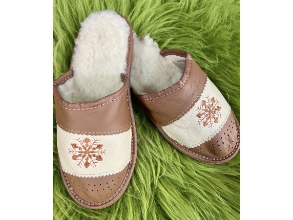 Домашні шкіряні жіночі капці з овечої шерсті, тапочки жіночі домашні