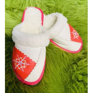 Домашні капці з овечої шерсті жіночі, сніжинкка, кораловий колір, розмір 36, 37