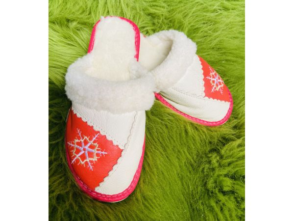 Домашні капці з овечої шерсті жіночі, сніжинкка, кораловий колір, розмір 36, 37