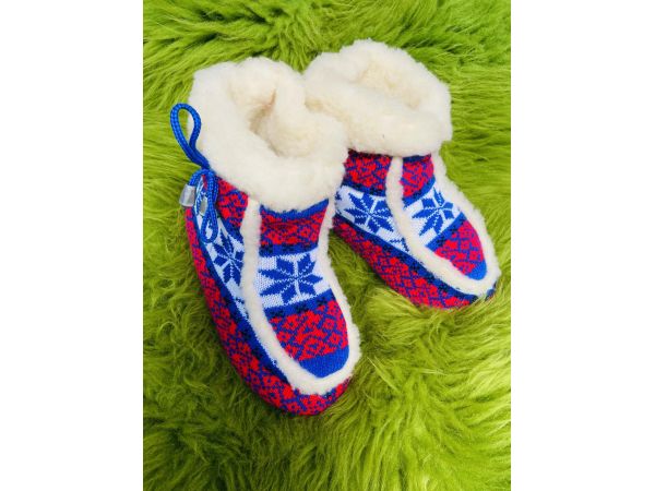 Чуні з овечої шерсті, орнамент червоно-сині, гумова підошва 40-41