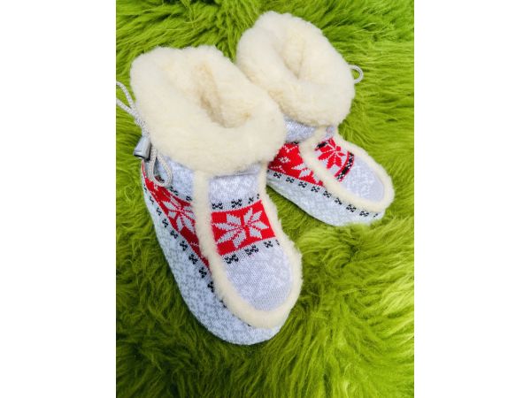 Чуні з овечої шерсті, орнамент сірі, гумова підошва