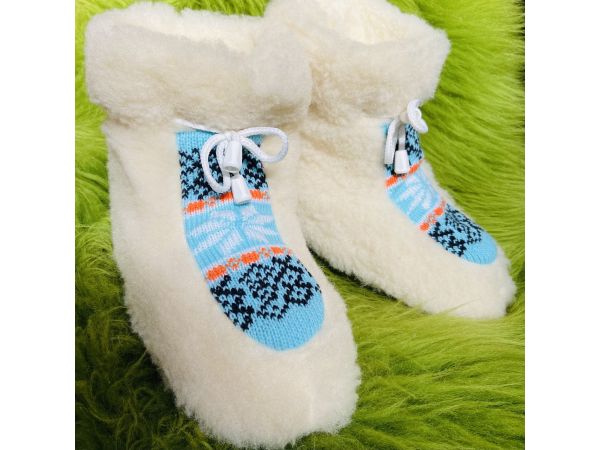 Чуні з овечої шерсті, cніжинка кольорові блакитний, гумова підошва