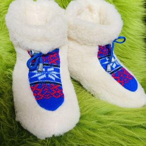 Чуні з овечої шерсті, cніжинка кольорові синій-червоний, гумова підошва 40-41