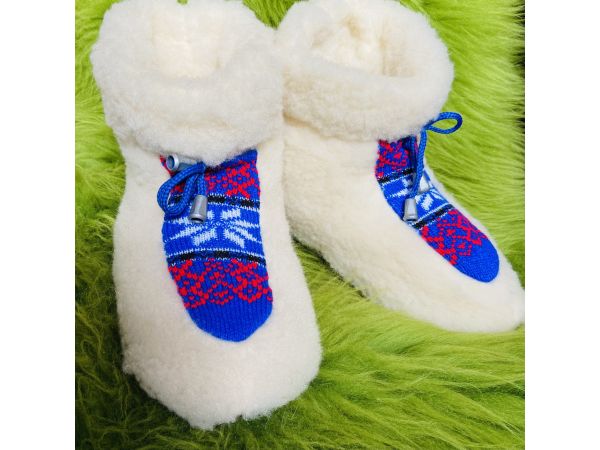 Чуні з овечої шерсті, cніжинка кольорові синій-червоний, гумова підошва