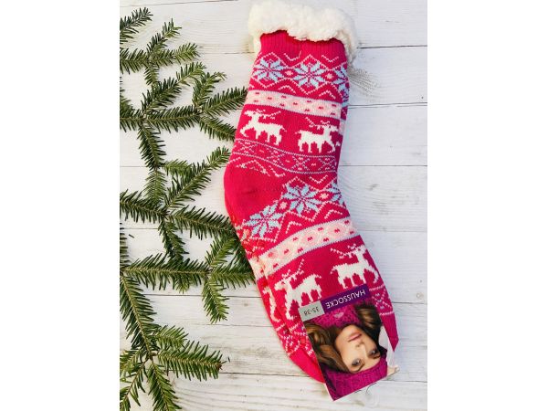Шкарпетки жіночі з хутра, шкарпетки з овечої шерсті , новорічні носки, носки олені 35-38, 39-41 рожеві 39-42