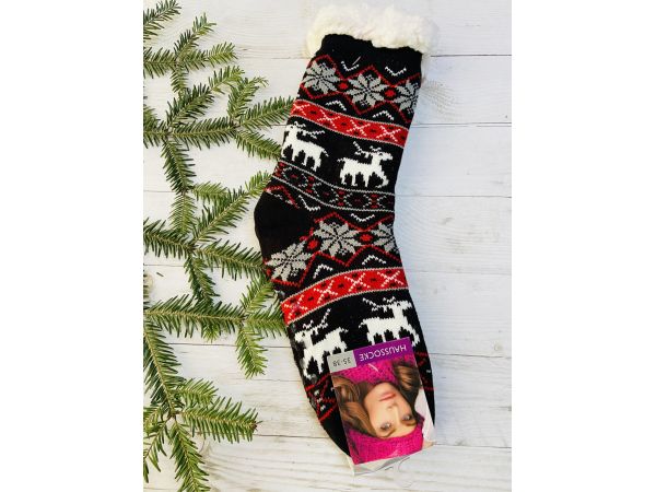 Шкарпетки жіночі з хутра, шкарпетки з овечої шерсті , новорічні носки, носки олені 35-38, 39-41 чорні