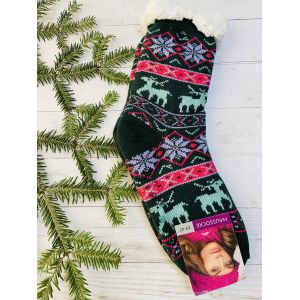 Шкарпетки жіночі з хутра, шкарпетки з овечої шерсті , новорічні носки, носки олені 35-38 39-41 зелені