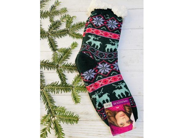 Шкарпетки жіночі з хутра, шкарпетки з овечої шерсті , новорічні носки, носки олені 35-38 39-41 зелені