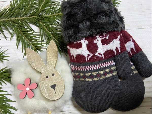 Рукавички дитячі від 2 до 4 років 16 см сіро-бордовий