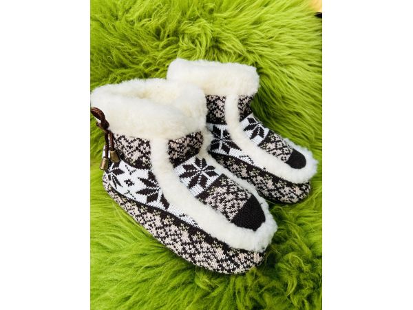 Чуні з овечої шерсті, орнамент блакитні, гумова підошва