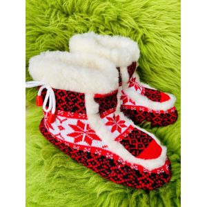 Чуні з овечої шерсті, орнамент рожеві, гумова підошва