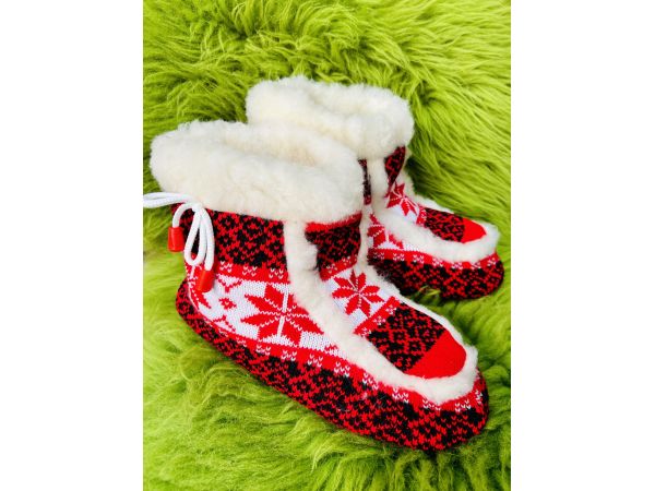 Чуні з овечої шерсті, орнамент рожеві, гумова підошва