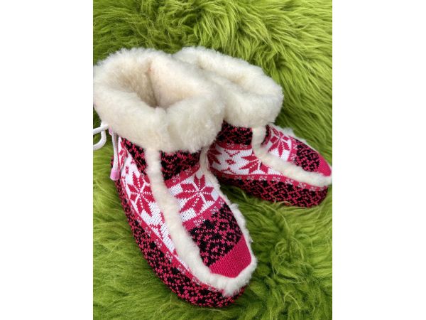 Чуні з овечої шерсті, орнамент рожеві, гумова підошва