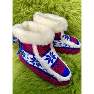 Чуні з овечої шерсті, орнамент червоно-сині, гумова підошва