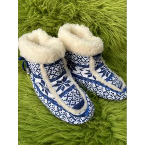 Чуні з овечої шерсті, орнамент сині, гумова підошва 36-37 розмір
