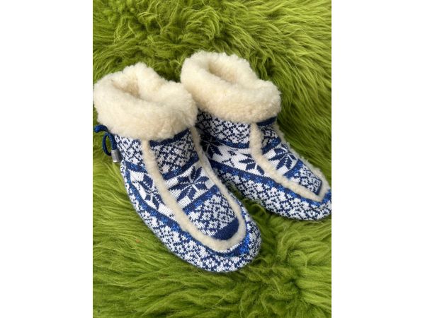 Чуні з овечої шерсті, орнамент сині, гумова підошва 36-37 розмір