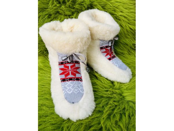 Чуні з овечої шерсті, cніжинка кольорові  сірі , гумова підошва