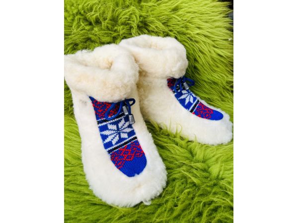 Чуні з овечої шерсті, cніжинка кольорові  синьо-червоні , гумова підошва 36 до 41 розміри 40-41
