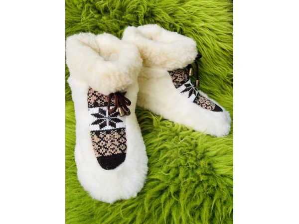 Чуні з овечої шерсті, cніжинка кольорові  коричневі, гумова підошва