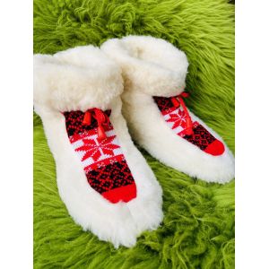 Чуні з овечої шерсті, cніжинка кольорові  червоні, гумова підошва 40-41