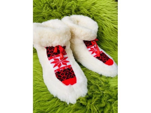 Чуні з овечої шерсті, cніжинка кольорові  червоні, гумова підошва 40-41