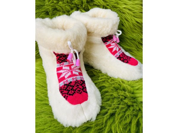 Чуні з овечої шерсті, cніжинка кольорові рожеві, гумова підошва розміри від 36 до 41 38-39