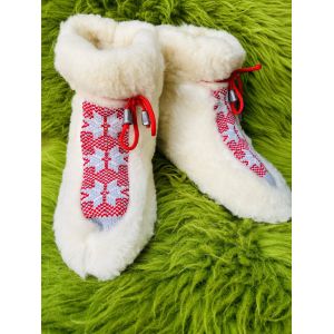 Чуні з овечої шерсті, cніжинка кольорові  червоні, гумова підошва 38-39 розмір