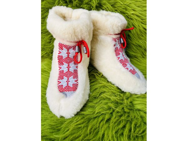 Чуні з овечої шерсті, cніжинка кольорові  червоні, гумова підошва 38-39 розмір