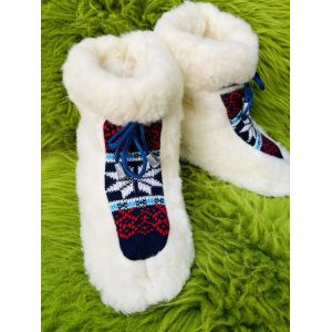 Чуні з овечої шерсті, cніжинка кольорові  темно-синьо-червоні, гумова підошва 36-37 розмір