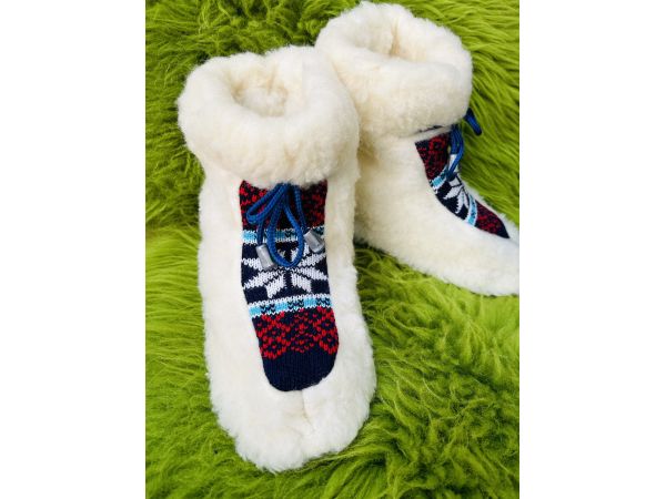 Чуні з овечої шерсті, cніжинка кольорові  темно-синьо-червоні, гумова підошва 36-37 розмір
