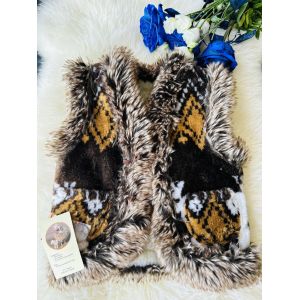 Жилет з овечої шерсті дитячий, орнамент олені коричневий 2