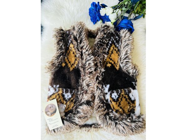 Жилет з овечої шерсті дитячий, орнамент олені коричневий 2