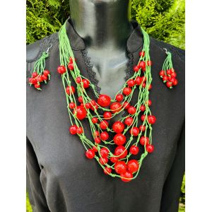 Набір прикрас з дерева, намисто, сережки, ручна робота червоно-зелене