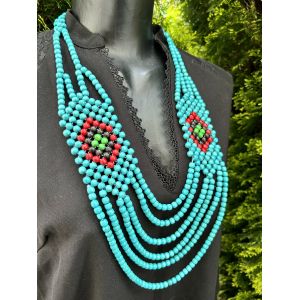 Намисто з дерева, ручна робота блакитно-червоне