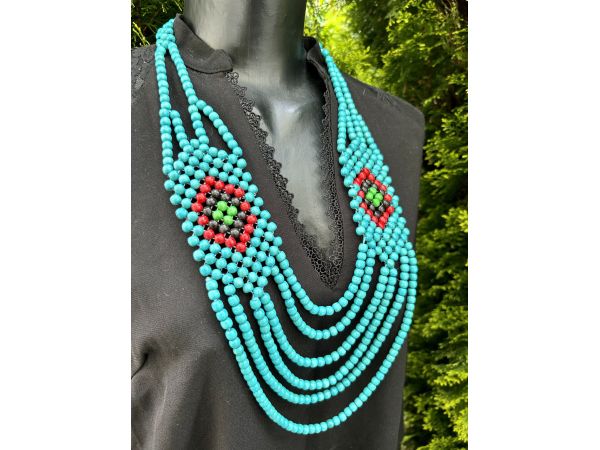 Намисто з дерева, ручна робота блакитно-червоне