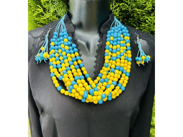 Набір прикрас блакино-жовті, намисто та сережки в національному стилі