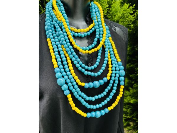 Намисто з дерева, ручна робота, намисто для вишиванки, жовто-блакитний колір