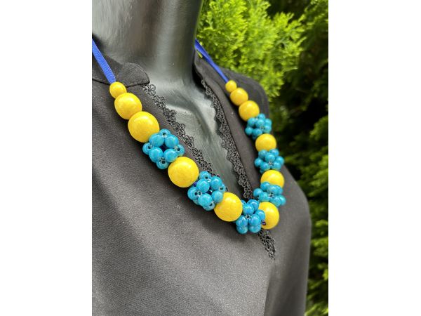 Намисто з дерева, блакитно-жовте, ручна робота