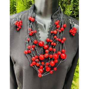 Набір прикрас з дерева, намисто, сережки, ручна робота червоно-чорне
