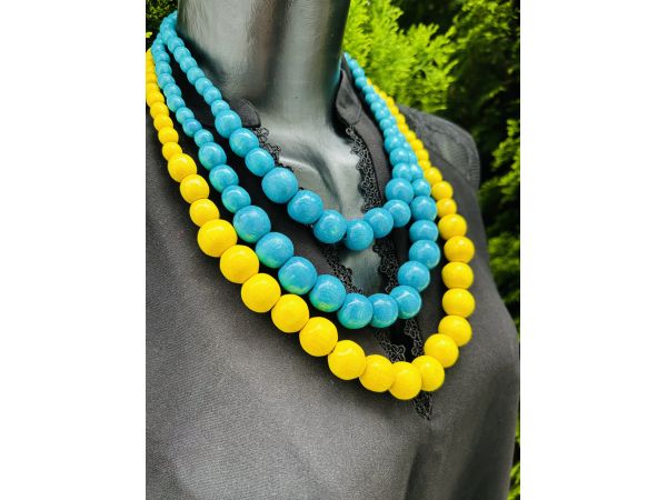 Намисто з дерева блакитно-жовте, намисто в національному стилі