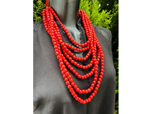 Намисто з дерева, ручна робота, намисто червоний колір 7 рядів