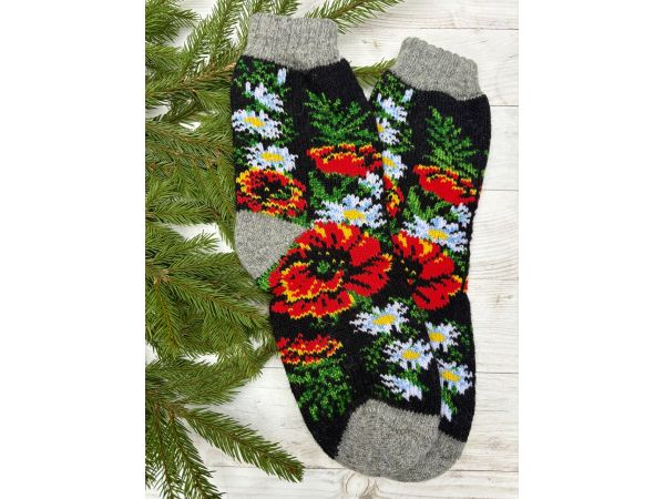 Шкарпетки жіночі з овечої шерсті, маки