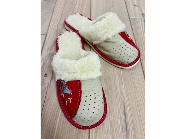 Домашні шкіряні жіночі тапочки з овечої вовни 37 розмір