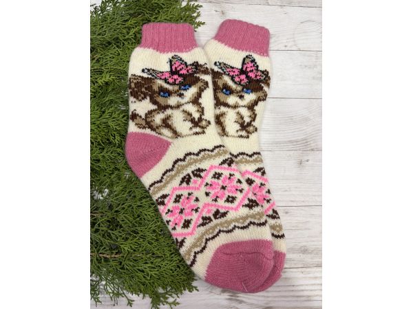 Жіночі теплі шкарпетки з овечої вовни Киця