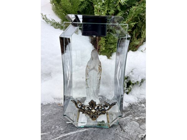 Лампадка скляно-металева на сонячній батареї з LED-світлом | Ритуальна лампада на кладовище з хрестом