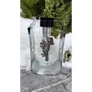 Лампадка скляно-металева на сонячній батареї з LED-світлом | Ритуальна лампада на кладовище з хрестом
